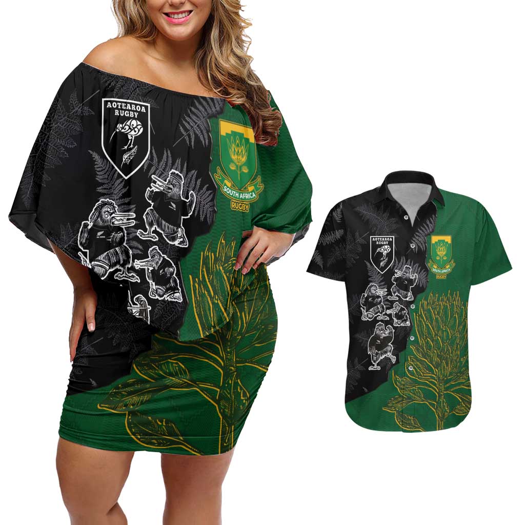 Custom Aotearoa South Africa Rugby Freedom Cup Couples Matching Off Shoulder Short Dress and Hawaiian Shirt Kiwi Warriors Haka with King Protea Symbol - Polynesian Pride