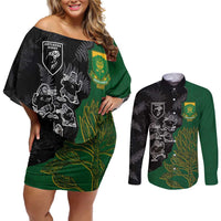 Custom Aotearoa South Africa Rugby Freedom Cup Couples Matching Off Shoulder Short Dress and Long Sleeve Button Shirt Kiwi Warriors Haka with King Protea Symbol - Polynesian Pride