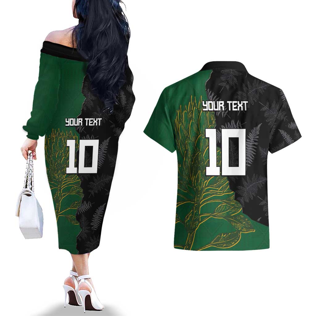 Custom Aotearoa South Africa Rugby Freedom Cup Couples Matching Off The Shoulder Long Sleeve Dress and Hawaiian Shirt Kiwi Warriors Haka with King Protea Symbol - Polynesian Pride