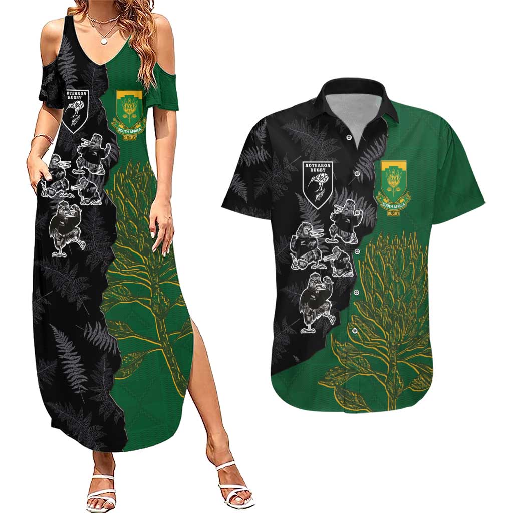 Custom Aotearoa South Africa Rugby Freedom Cup Couples Matching Summer Maxi Dress and Hawaiian Shirt Kiwi Warriors Haka with King Protea Symbol - Polynesian Pride