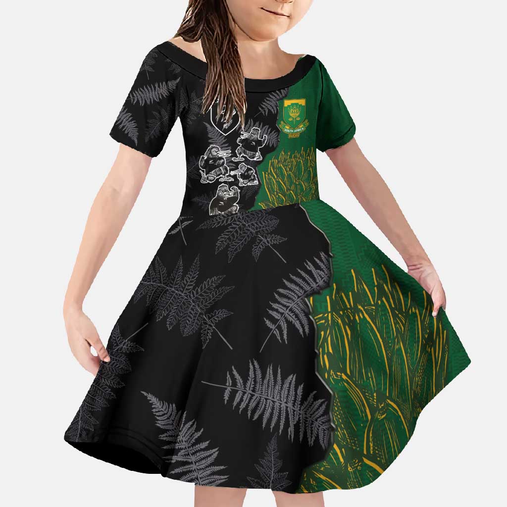 Custom Aotearoa South Africa Rugby Freedom Cup Family Matching Long Sleeve Bodycon Dress and Hawaiian Shirt Kiwi Warriors Haka with King Protea Symbol - Polynesian Pride