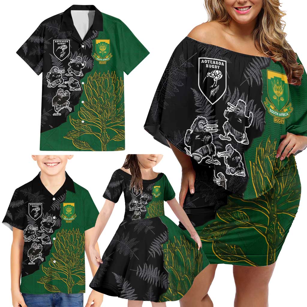 Custom Aotearoa South Africa Rugby Freedom Cup Family Matching Off Shoulder Short Dress and Hawaiian Shirt Kiwi Warriors Haka with King Protea Symbol - Polynesian Pride