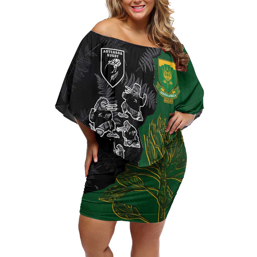 Custom Aotearoa South Africa Rugby Freedom Cup Family Matching Off Shoulder Short Dress and Hawaiian Shirt Kiwi Warriors Haka with King Protea Symbol - Polynesian Pride