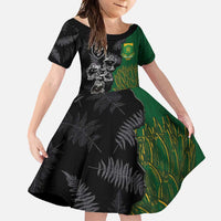 Custom Aotearoa South Africa Rugby Freedom Cup Family Matching Short Sleeve Bodycon Dress and Hawaiian Shirt Kiwi Warriors Haka with King Protea Symbol - Polynesian Pride