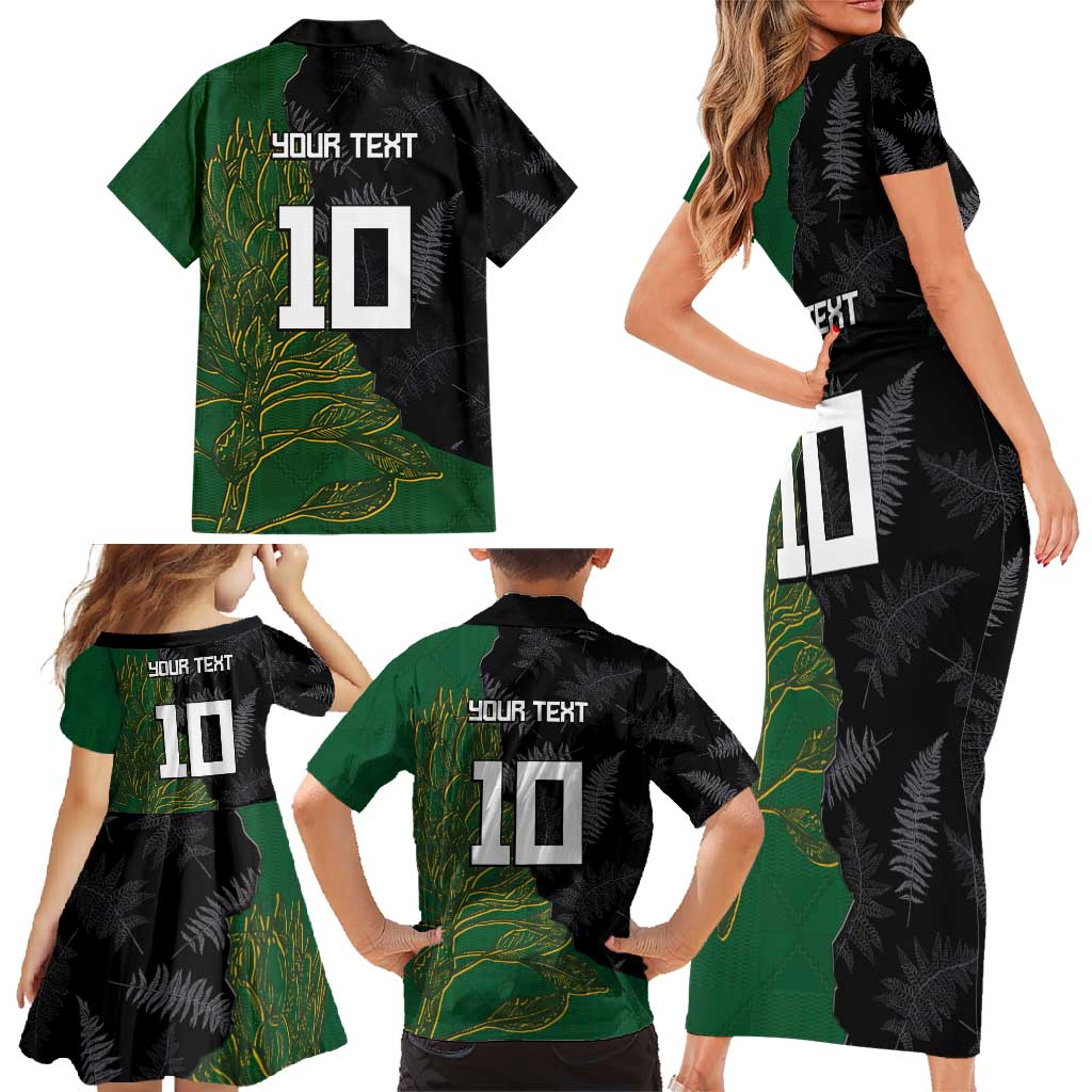 Custom Aotearoa South Africa Rugby Freedom Cup Family Matching Short Sleeve Bodycon Dress and Hawaiian Shirt Kiwi Warriors Haka with King Protea Symbol - Polynesian Pride