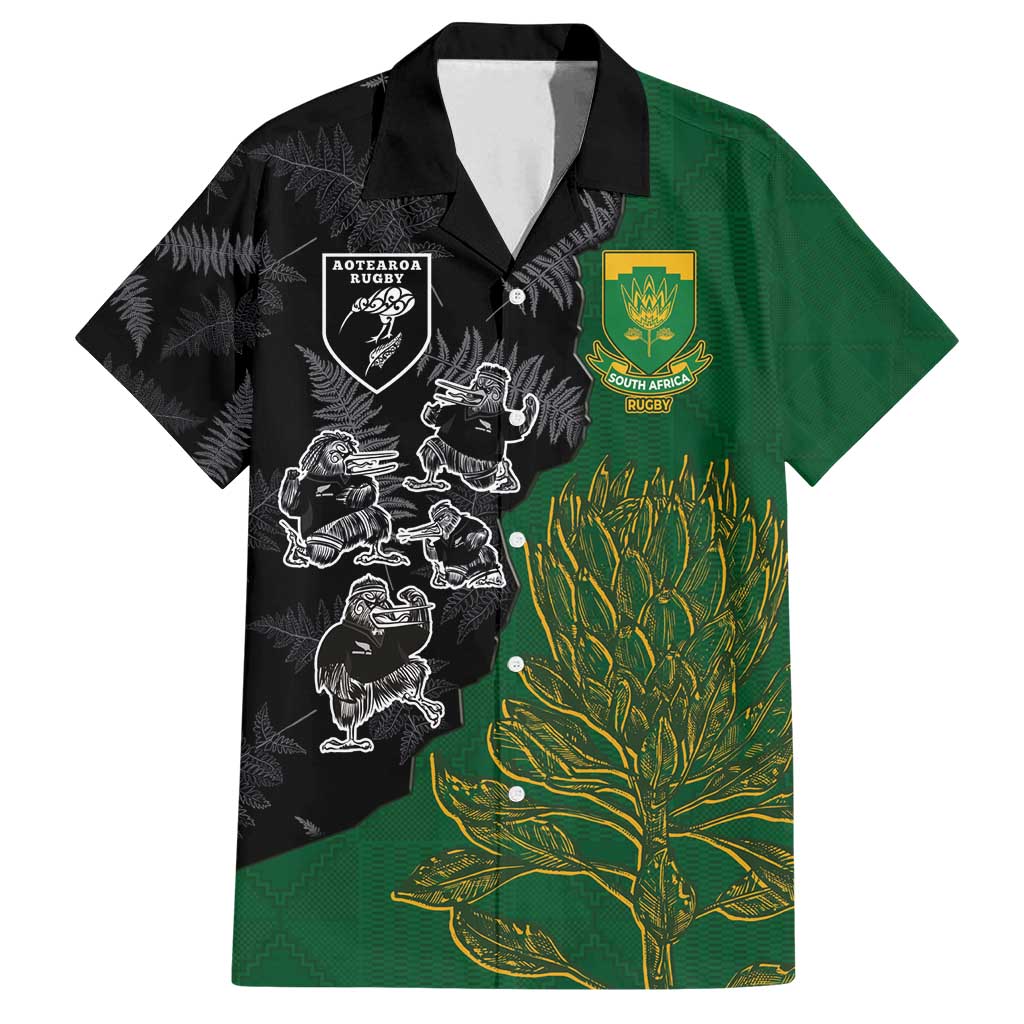 Custom Aotearoa South Africa Rugby Freedom Cup Family Matching Summer Maxi Dress and Hawaiian Shirt Kiwi Warriors Haka with King Protea Symbol - Polynesian Pride