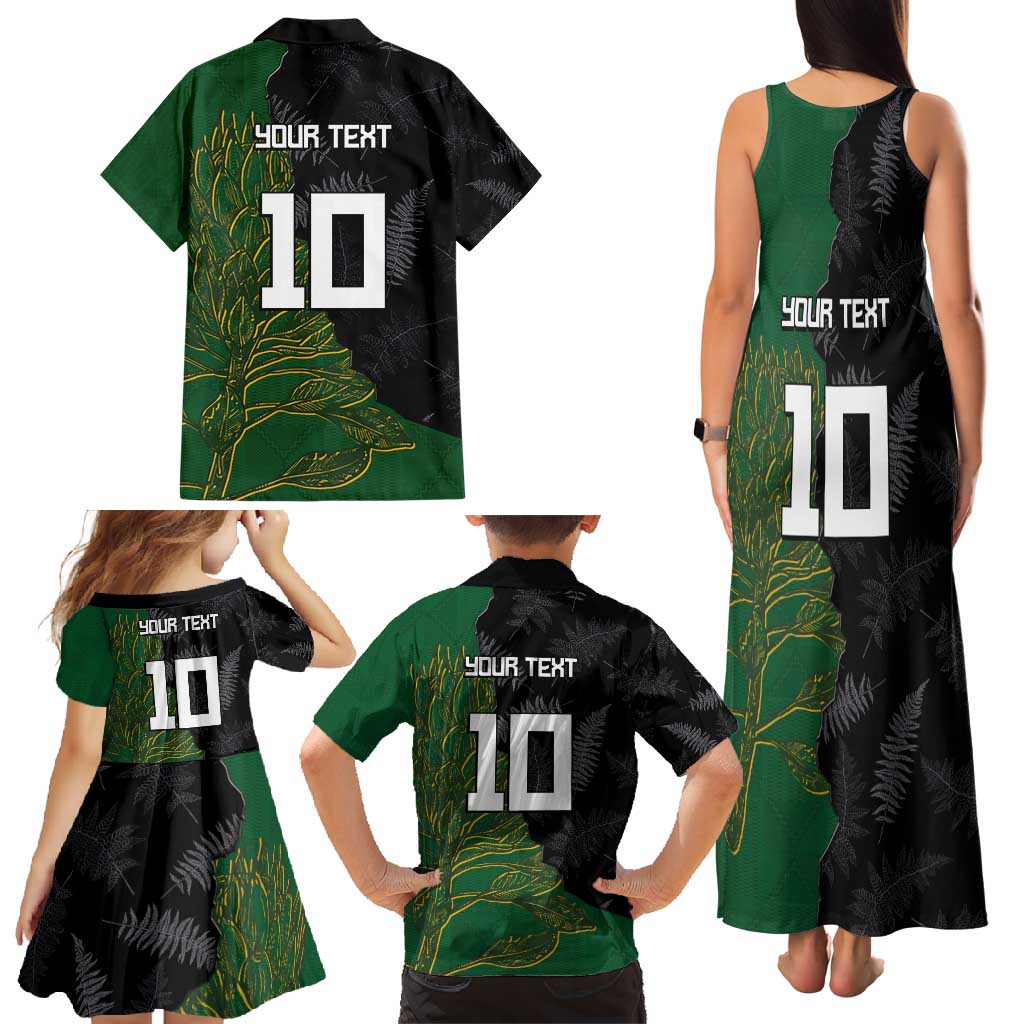 Custom Aotearoa South Africa Rugby Freedom Cup Family Matching Tank Maxi Dress and Hawaiian Shirt Kiwi Warriors Haka with King Protea Symbol - Polynesian Pride