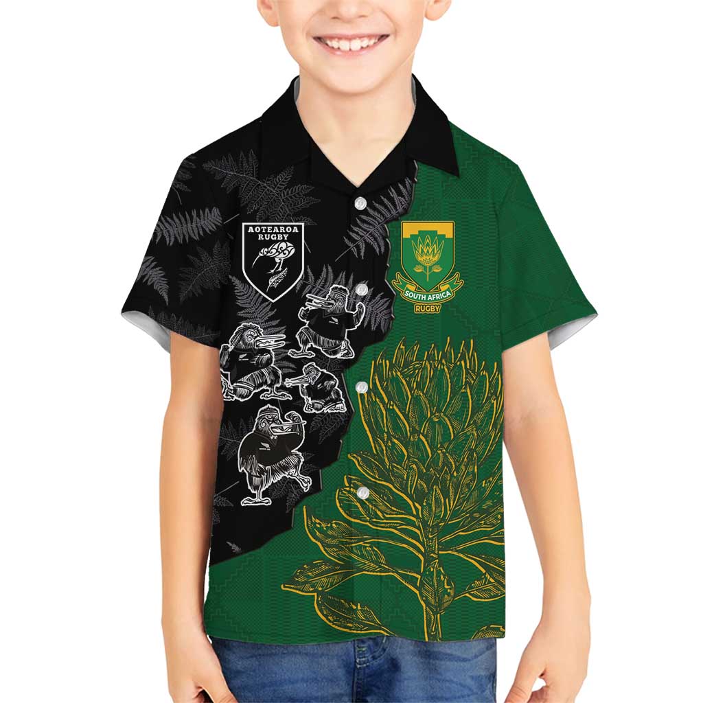 Custom Aotearoa South Africa Rugby Freedom Cup Family Matching Tank Maxi Dress and Hawaiian Shirt Kiwi Warriors Haka with King Protea Symbol - Polynesian Pride