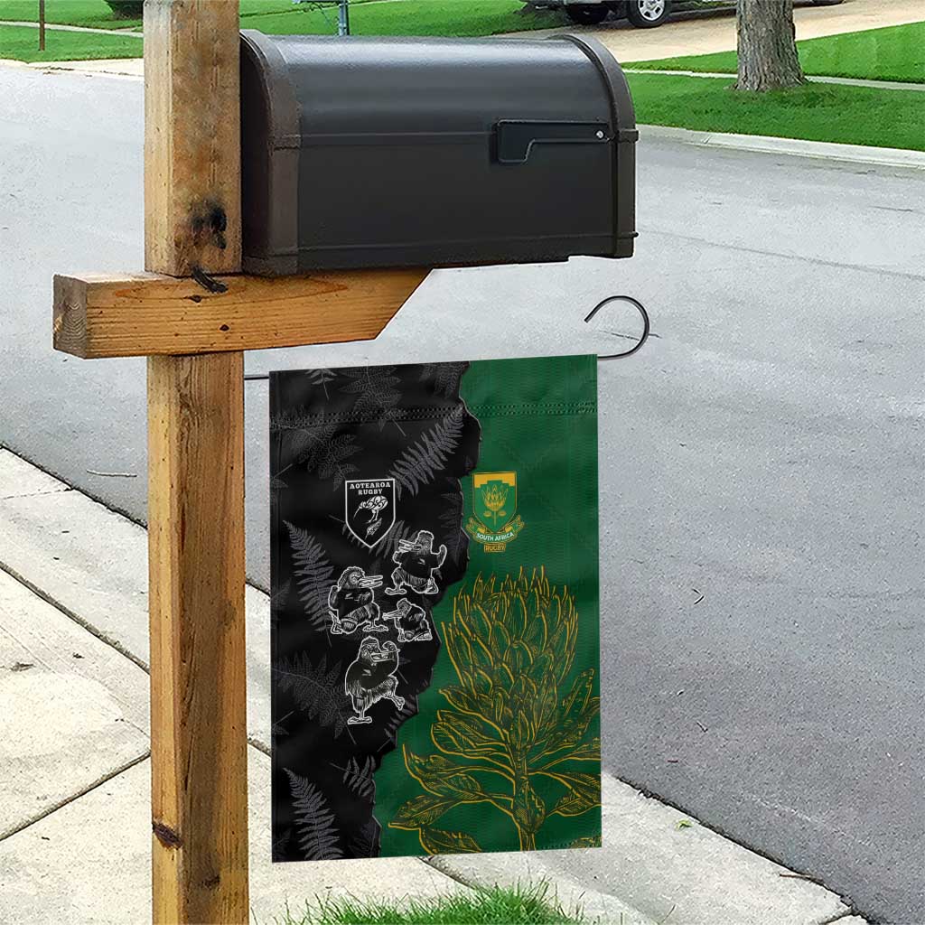 Aotearoa South Africa Rugby Freedom Cup Garden Flag Kiwi Warriors Haka with King Protea Symbol - Polynesian Pride