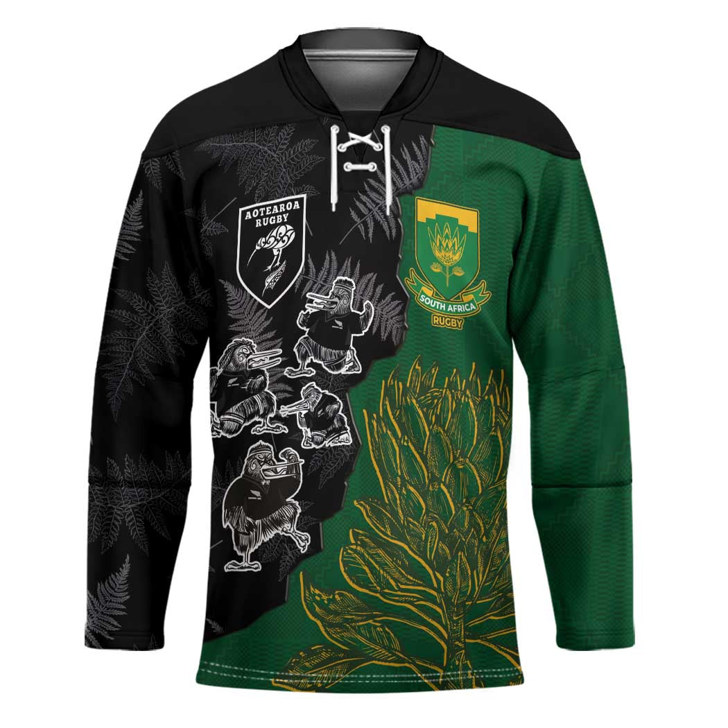 Custom Aotearoa South Africa Rugby Freedom Cup Hockey Jersey Kiwi Warriors Haka with King Protea Symbol - Polynesian Pride