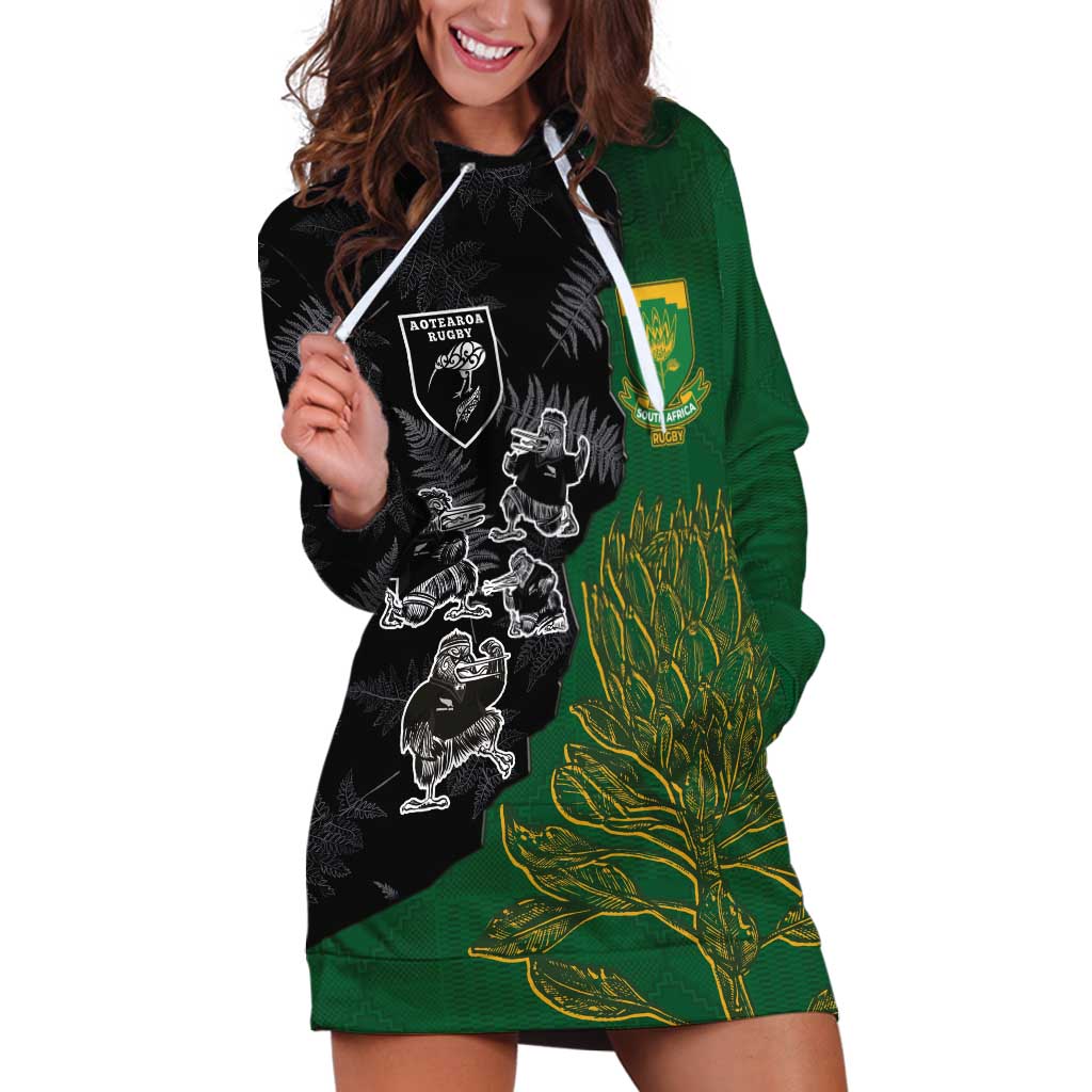 Custom Aotearoa South Africa Rugby Freedom Cup Hoodie Dress Kiwi Warriors Haka with King Protea Symbol - Polynesian Pride