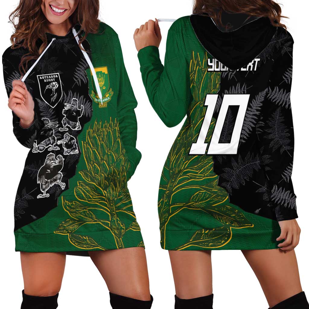 Custom Aotearoa South Africa Rugby Freedom Cup Hoodie Dress Kiwi Warriors Haka with King Protea Symbol - Polynesian Pride