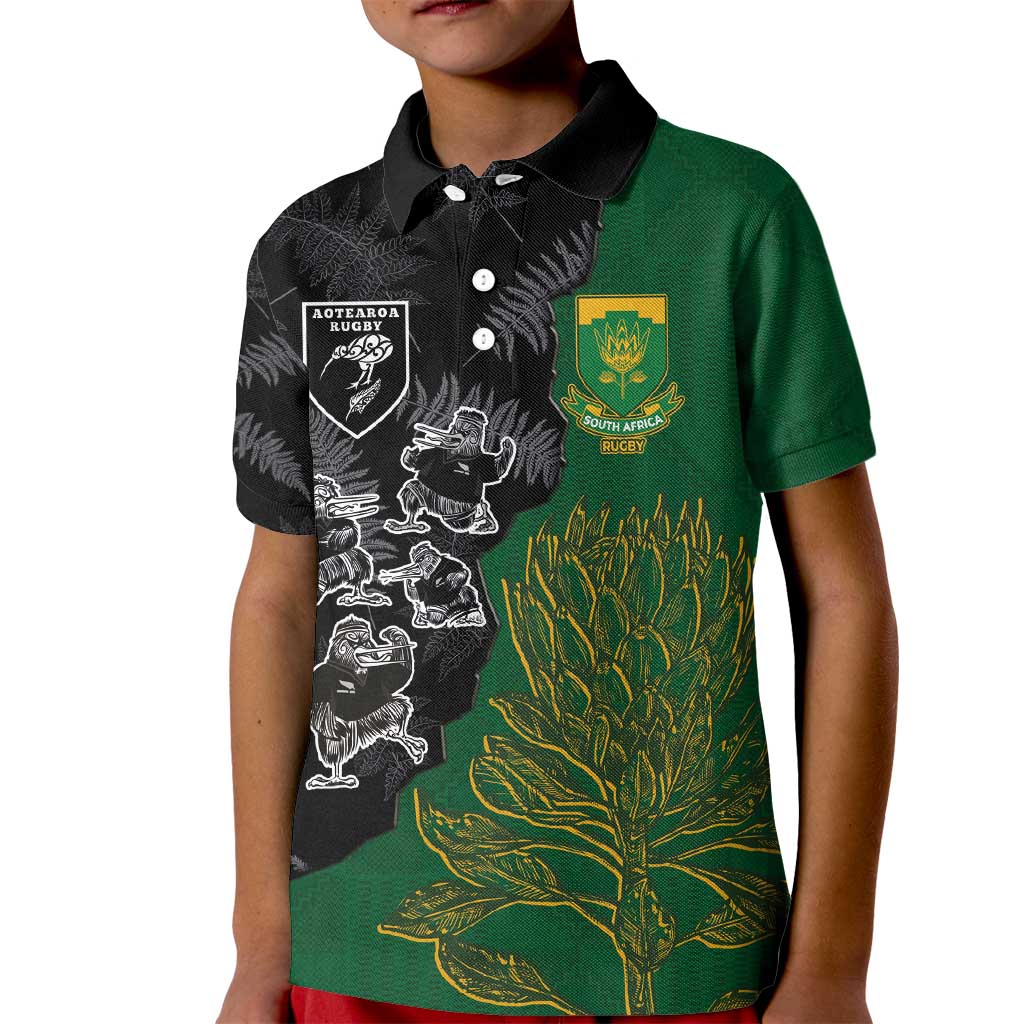 Custom Aotearoa South Africa Rugby Freedom Cup Kid Polo Shirt Kiwi Warriors Haka with King Protea Symbol - Polynesian Pride