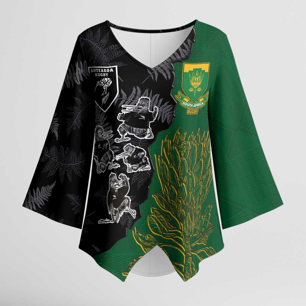 Custom Aotearoa South Africa Rugby Freedom Cup Kimono Sleeve Blouse Kiwi Warriors Haka with King Protea Symbol - Polynesian Pride
