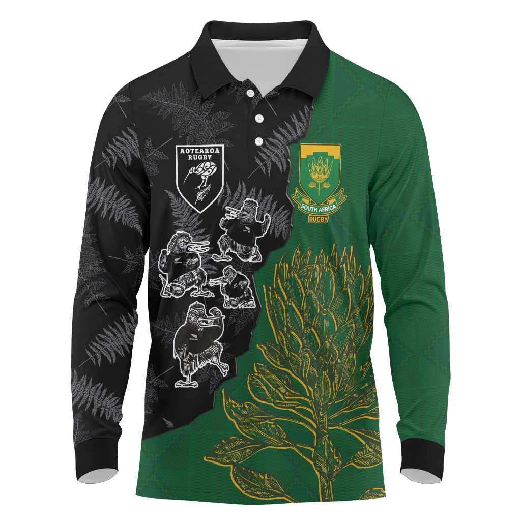 Custom Aotearoa South Africa Rugby Freedom Cup Long Sleeve Polo Shirt Kiwi Warriors Haka with King Protea Symbol - Polynesian Pride