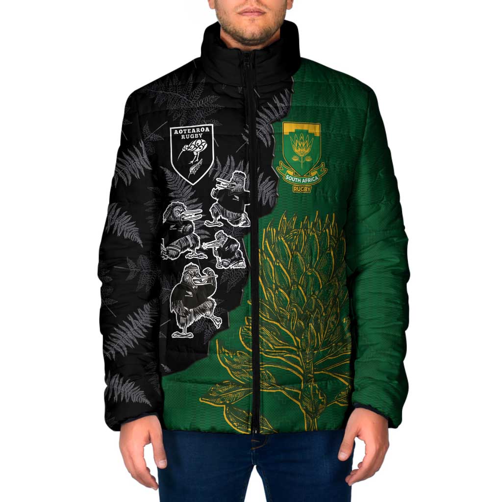 Custom Aotearoa South Africa Rugby Freedom Cup Padded Jacket Kiwi Warriors Haka with King Protea Symbol - Polynesian Pride