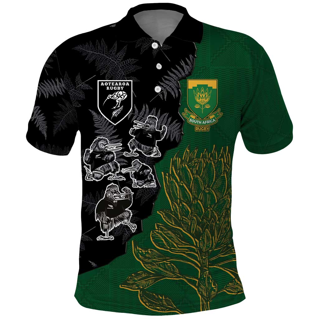 Custom Aotearoa South Africa Rugby Freedom Cup Polo Shirt Kiwi Warriors Haka with King Protea Symbol - Polynesian Pride