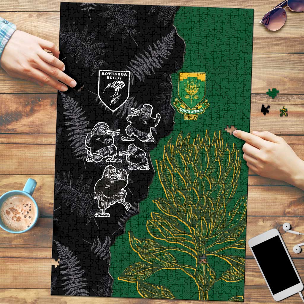 Aotearoa South Africa Rugby Freedom Cup Puzzle Kiwi Warriors Haka with King Protea Symbol - Polynesian Pride