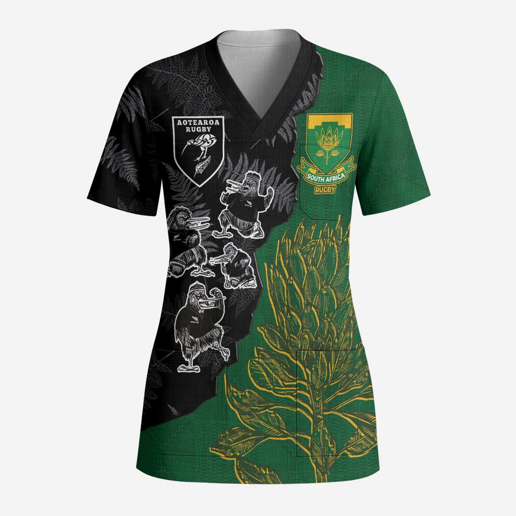 Custom Aotearoa South Africa Rugby Freedom Cup Scrub Top Kiwi Warriors Haka with King Protea Symbol LT03 Adult Green - Polynesian Pride