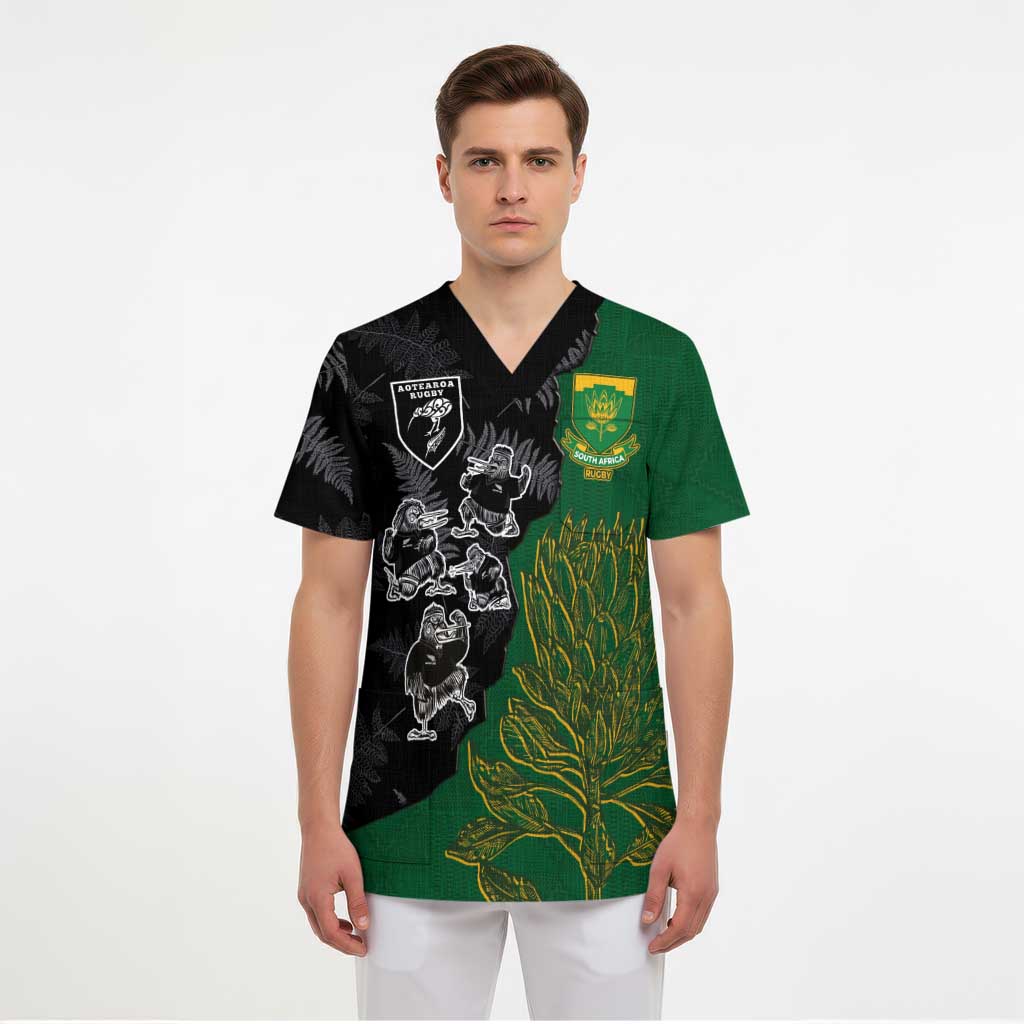 Custom Aotearoa South Africa Rugby Freedom Cup Scrub Top Kiwi Warriors Haka with King Protea Symbol LT03 - Polynesian Pride