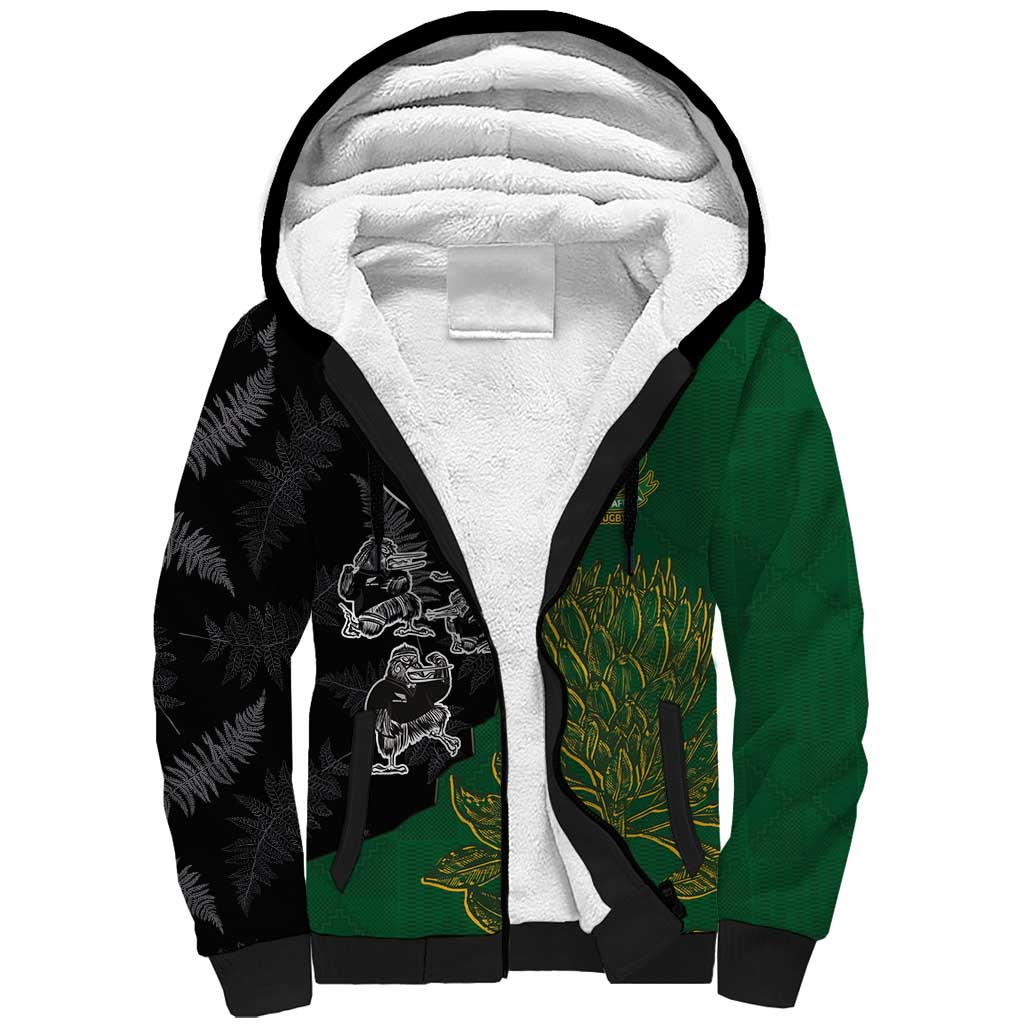 Custom Aotearoa South Africa Rugby Freedom Cup Sherpa Hoodie Kiwi Warriors Haka with King Protea Symbol - Polynesian Pride