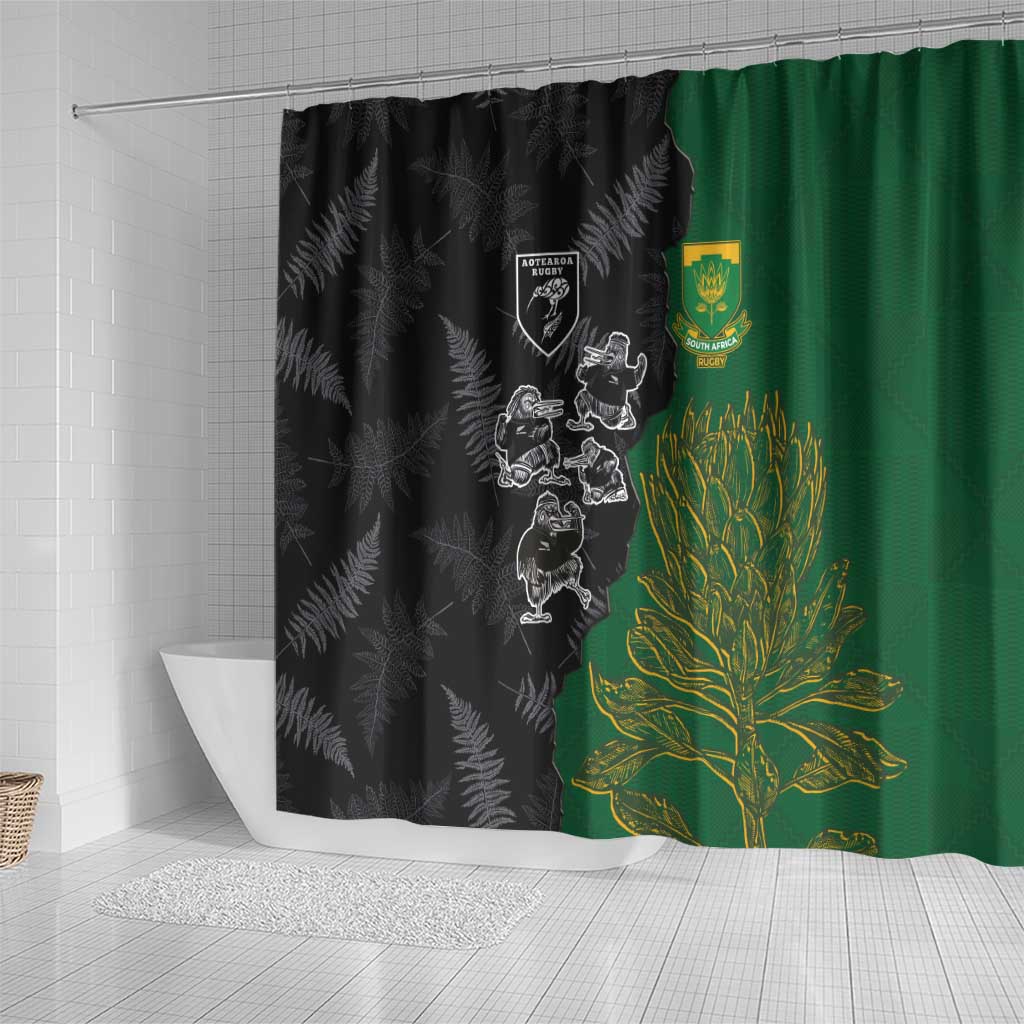 Aotearoa South Africa Rugby Freedom Cup Shower Curtain Kiwi Warriors Haka with King Protea Symbol - Polynesian Pride