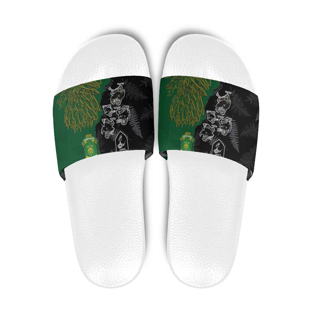 Aotearoa South Africa Rugby Freedom Cup Slide Sandals Kiwi Warriors Haka with King Protea Symbol - Polynesian Pride