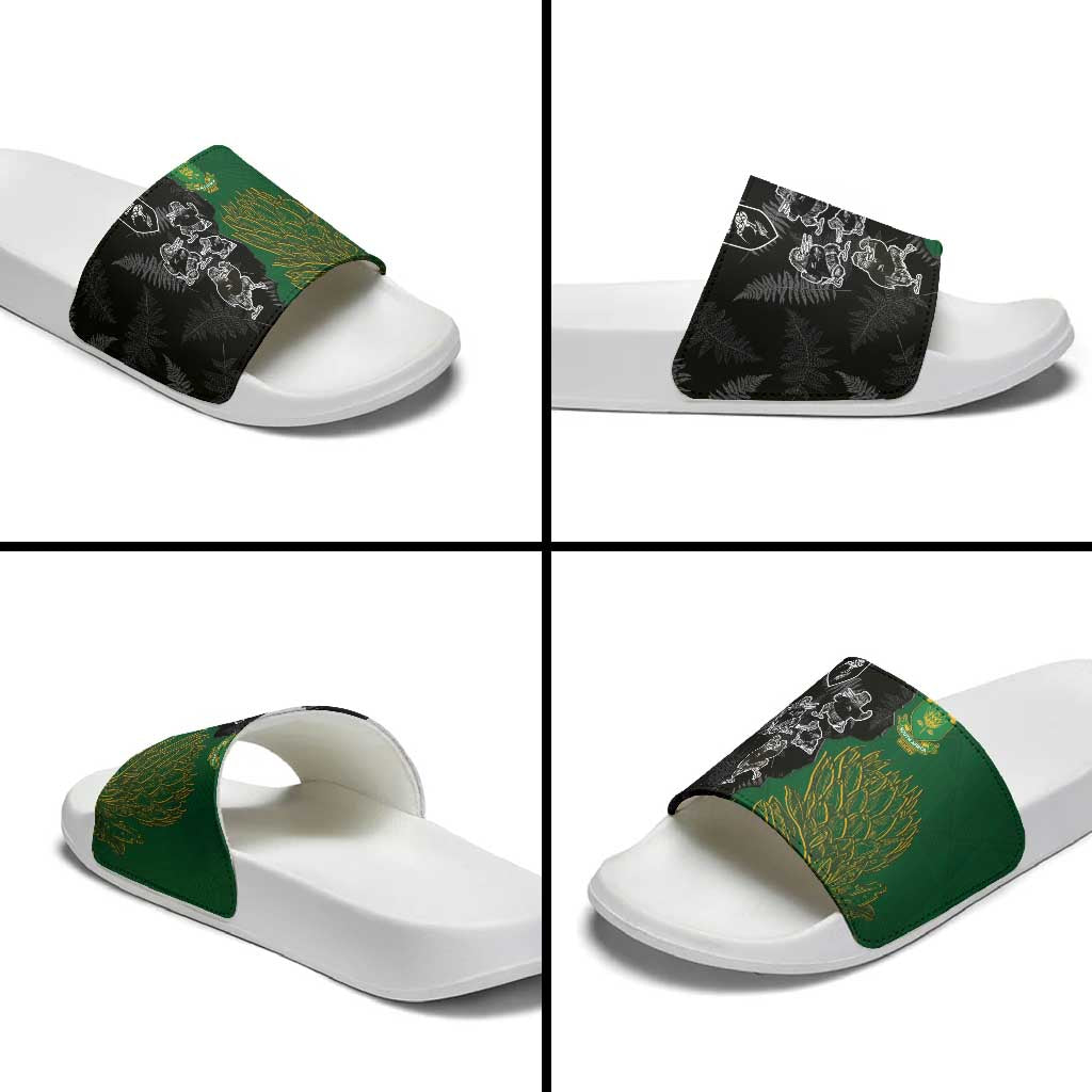 Aotearoa South Africa Rugby Freedom Cup Slide Sandals Kiwi Warriors Haka with King Protea Symbol - Polynesian Pride