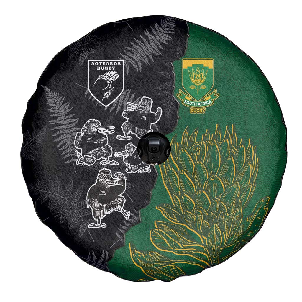 Aotearoa South Africa Rugby Freedom Cup Spare Tire Cover Kiwi Warriors Haka with King Protea Symbol - Polynesian Pride
