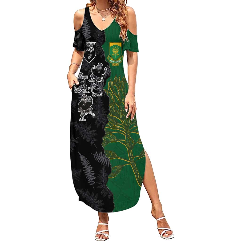 Custom Aotearoa South Africa Rugby Freedom Cup Summer Maxi Dress Kiwi Warriors Haka with King Protea Symbol - Polynesian Pride