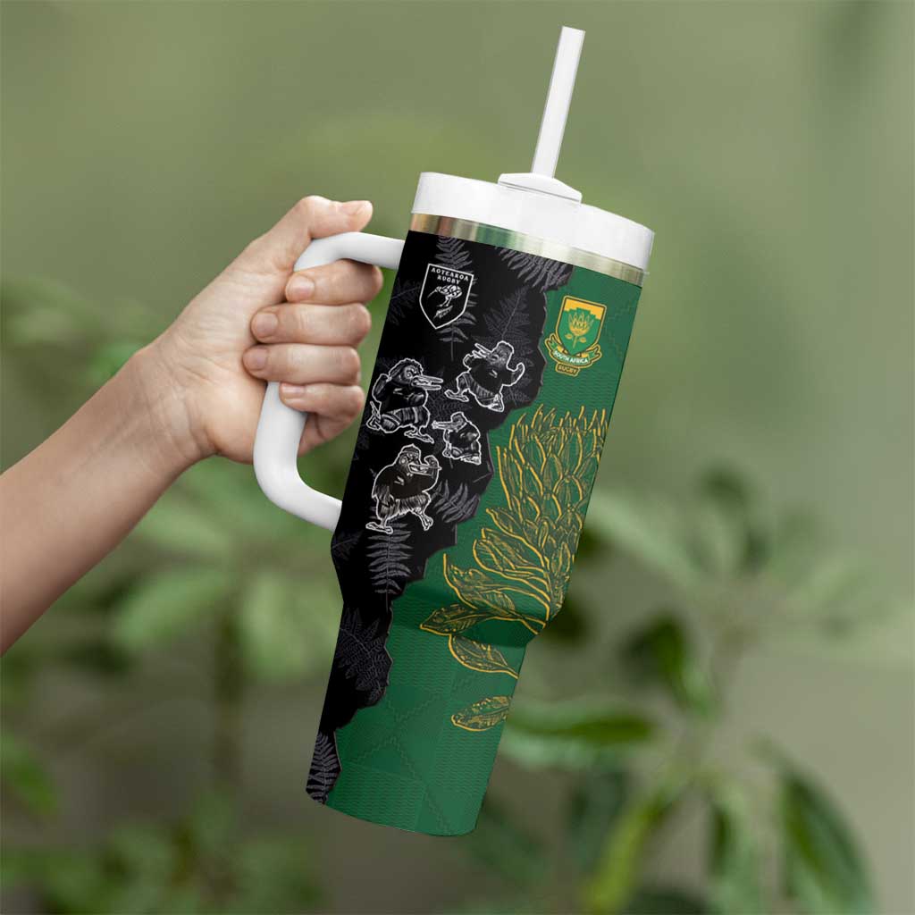 Custom Aotearoa South Africa Rugby Freedom Cup Tumbler With Handle Kiwi Warriors Haka with King Protea Symbol - Polynesian Pride