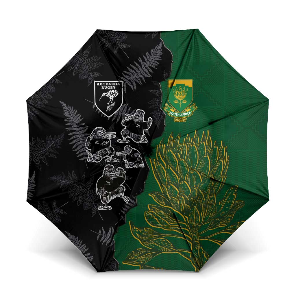 Aotearoa South Africa Rugby Freedom Cup Umbrella Kiwi Warriors Haka with King Protea Symbol - Polynesian Pride