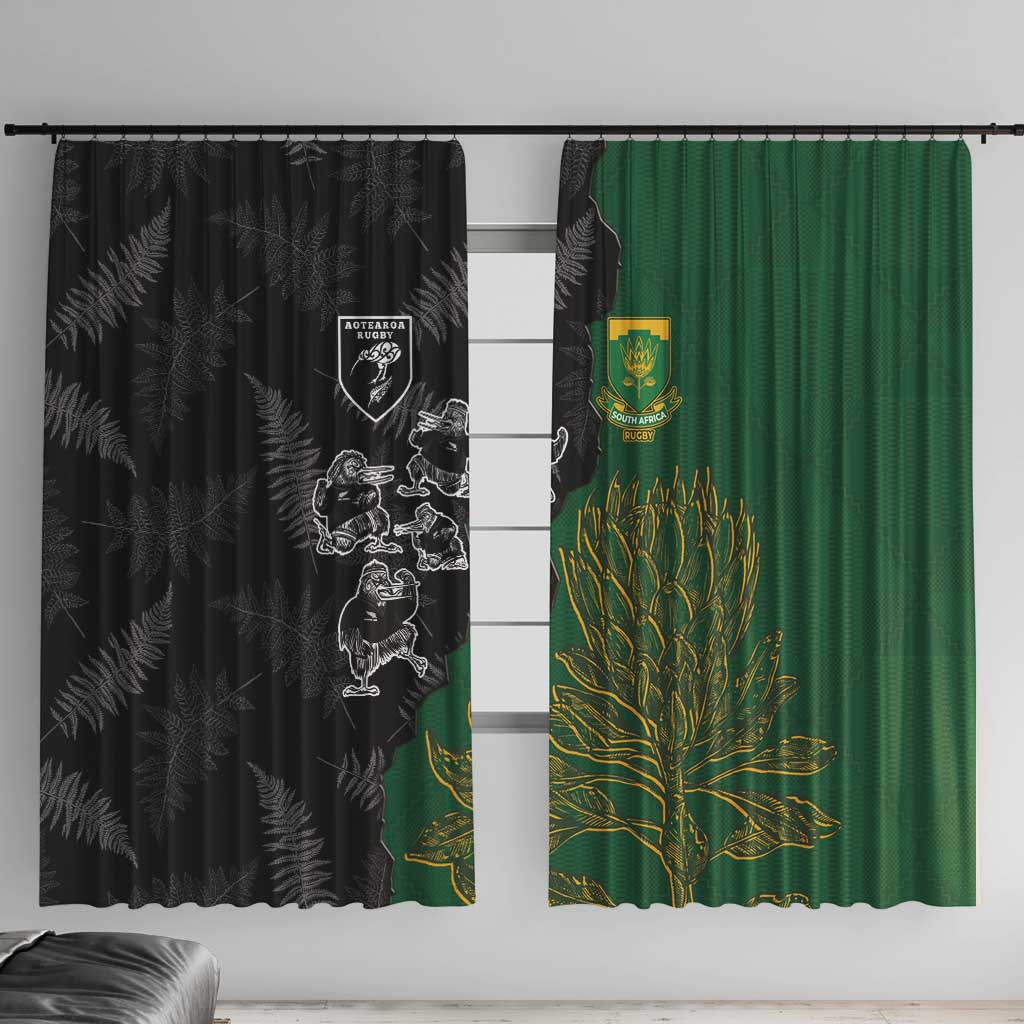 Aotearoa South Africa Rugby Freedom Cup Window Curtain Kiwi Warriors Haka with King Protea Symbol - Polynesian Pride