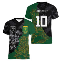 Custom Aotearoa South Africa Rugby Freedom Cup Women V-Neck T-Shirt Kiwi Warriors Haka with King Protea Symbol - Polynesian Pride