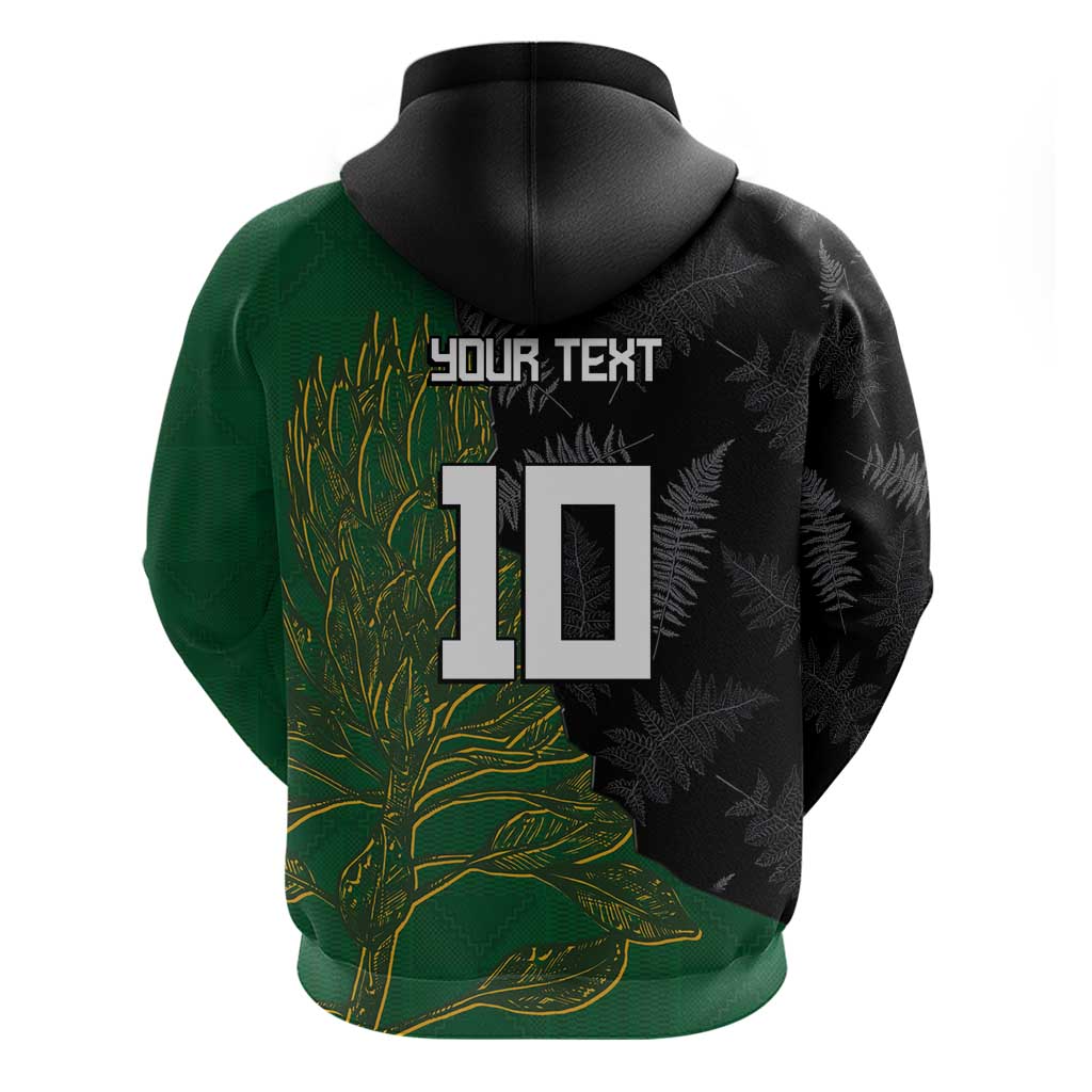 Custom Aotearoa South Africa Rugby Freedom Cup Zip Hoodie Kiwi Warriors Haka with King Protea Symbol - Polynesian Pride