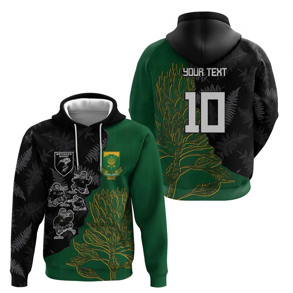 Custom Aotearoa South Africa Rugby Freedom Cup Zip Hoodie Kiwi Warriors Haka with King Protea Symbol - Polynesian Pride