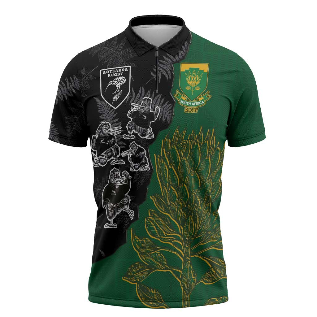 Custom Aotearoa South Africa Rugby Freedom Cup Zipper Polo Shirt Kiwi Warriors Haka with King Protea Symbol - Polynesian Pride