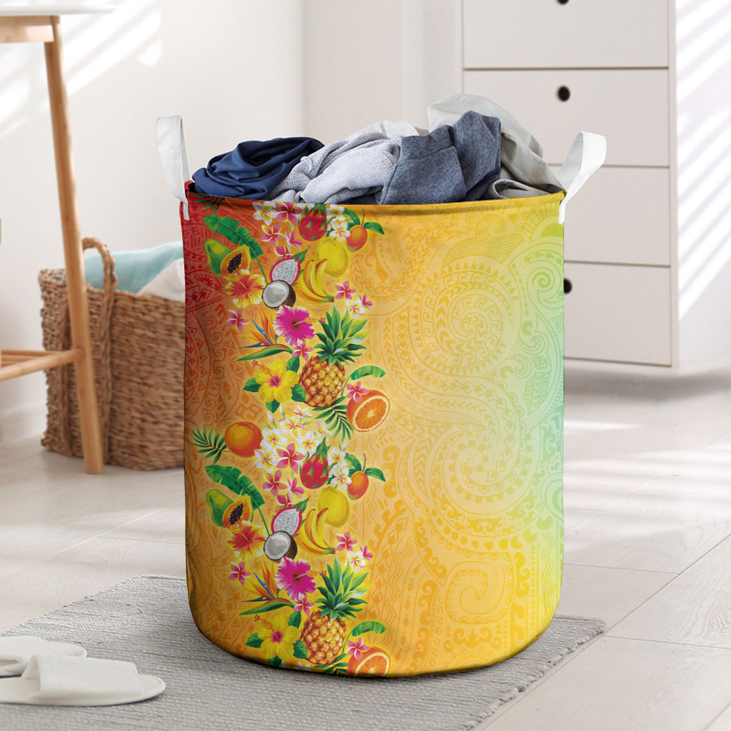 Hawaiian Tropical Fruits and Plants Laundry Basket Kakau Pattern Summer Vibe