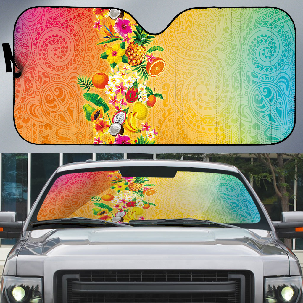 Hawaiian Tropical Fruits and Plants Auto Sun Shade Kakau Pattern Summer Vibe LT03 Multicolor - Polynesian Pride