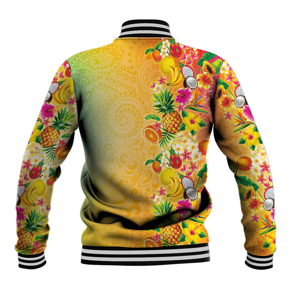 Hawaiian Tropical Fruits and Plants Baseball Jacket Kakau Pattern Summer Vibe