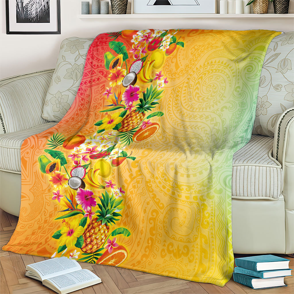 Hawaiian Tropical Fruits and Plants Blanket Kakau Pattern Summer Vibe