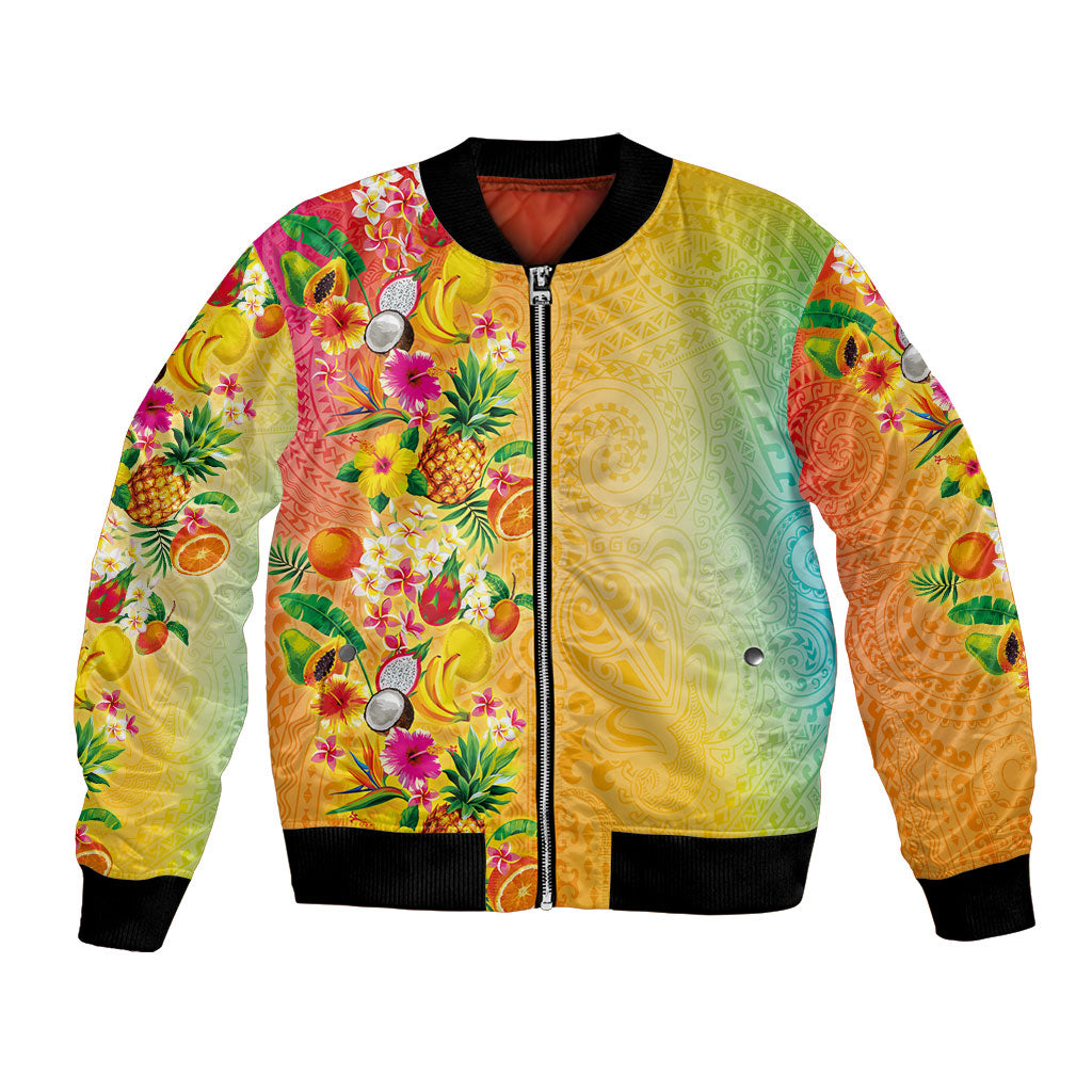 Hawaiian Tropical Fruits and Plants Bomber Jacket Kakau Pattern Summer Vibe LT03 Unisex Multicolor - Polynesian Pride
