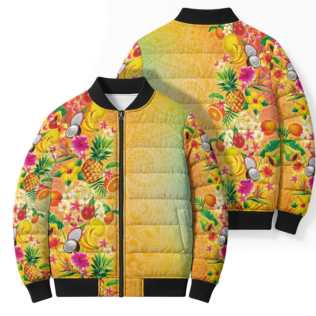 Hawaiian Tropical Fruits and Plants Bomber Puffer Jacket Kakau Pattern Summer Vibe