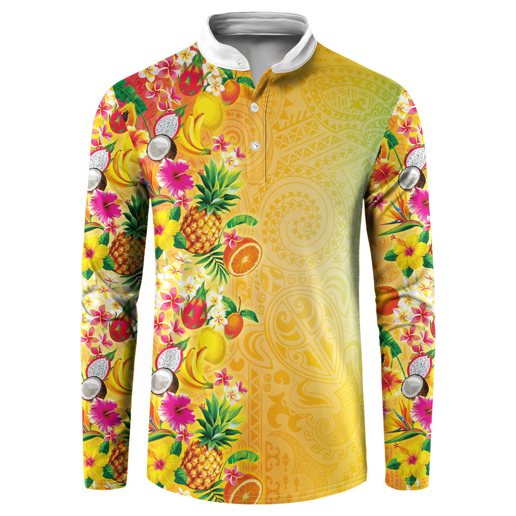Hawaiian Tropical Fruits and Plants Button Sweatshirt Kakau Pattern Summer Vibe LT03 Multicolor - Polynesian Pride