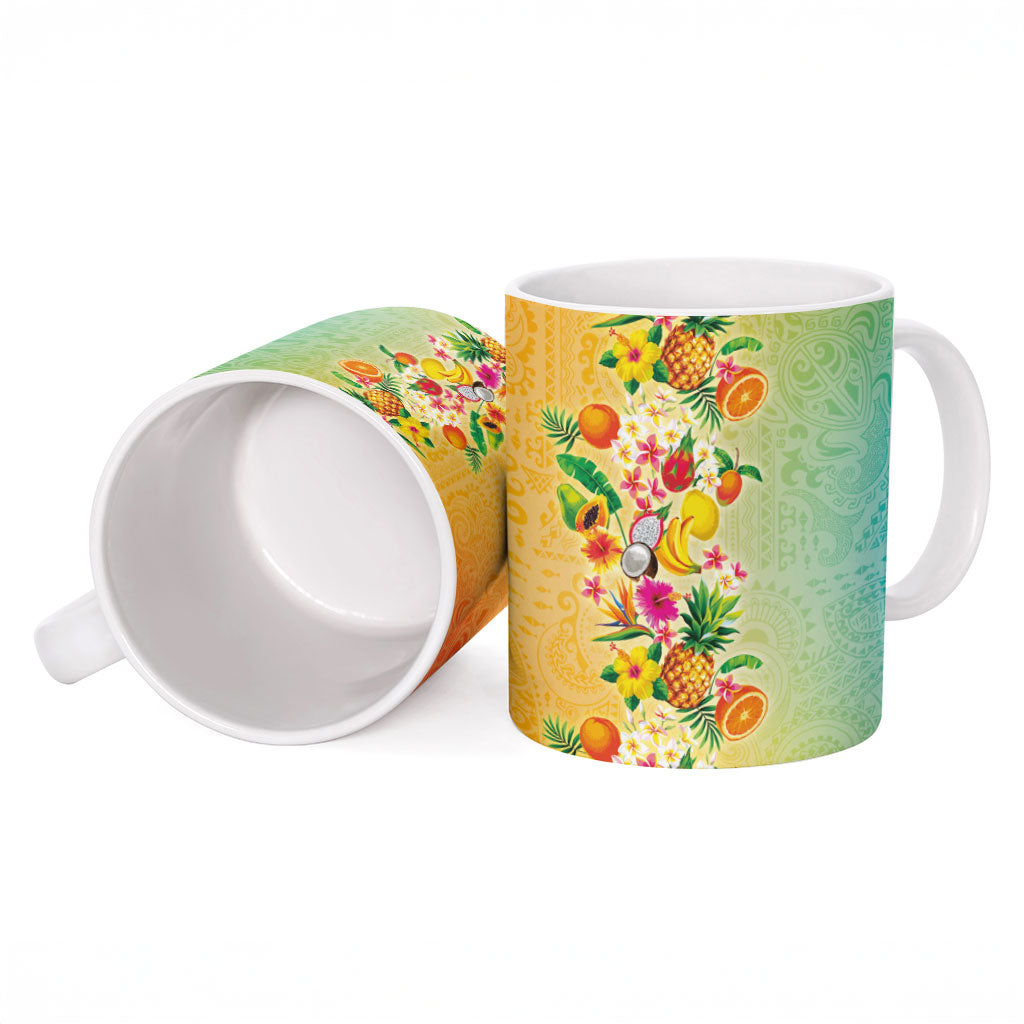 Hawaiian Tropical Fruits and Plants Ceramic Mug Kakau Pattern Summer Vibe