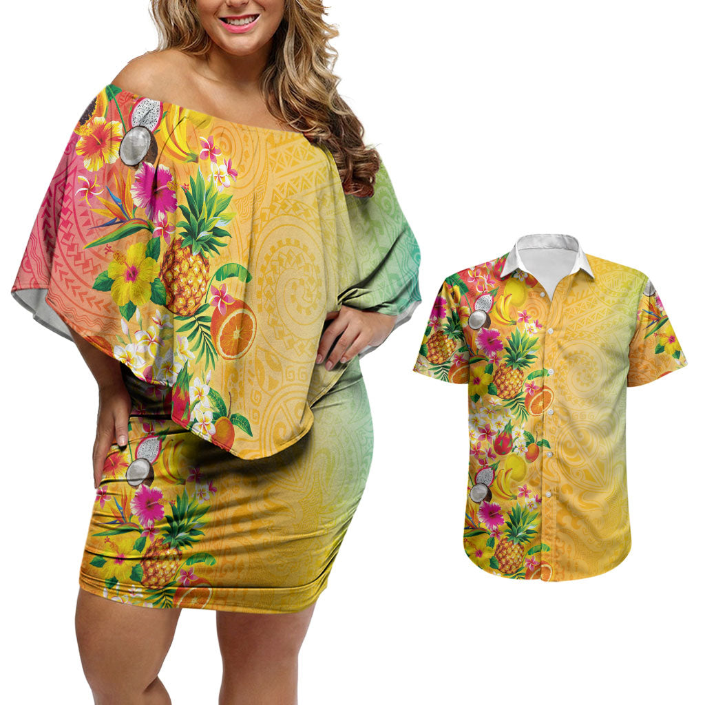 Hawaiian Tropical Fruits and Plants Couples Matching Off Shoulder Short Dress and Hawaiian Shirt Kakau Pattern Summer Vibe