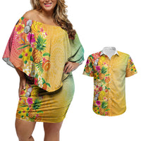 Hawaiian Tropical Fruits and Plants Couples Matching Off Shoulder Short Dress and Hawaiian Shirt Kakau Pattern Summer Vibe