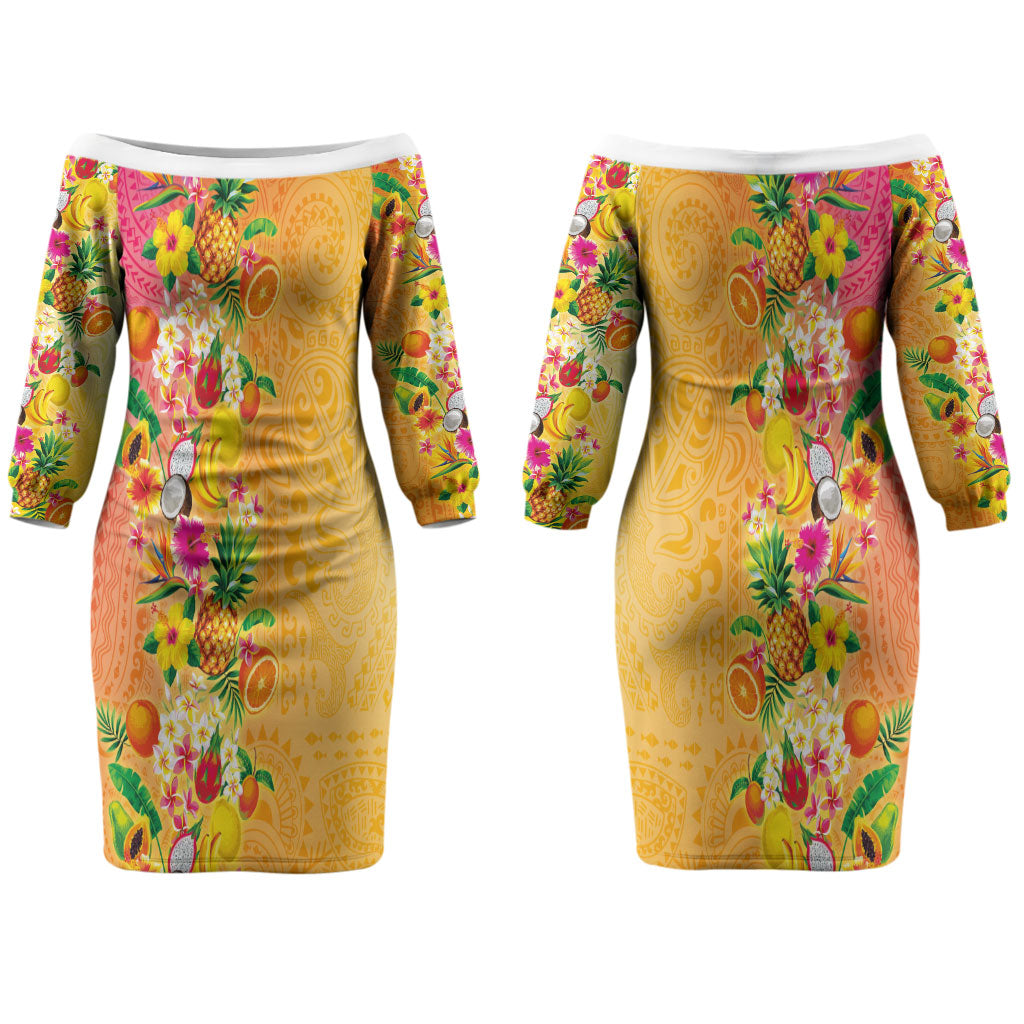 Hawaiian Tropical Fruits and Plants Couples Matching Off The Shoulder Long Sleeve Dress and Long Sleeve Button Shirt Kakau Pattern Summer Vibe