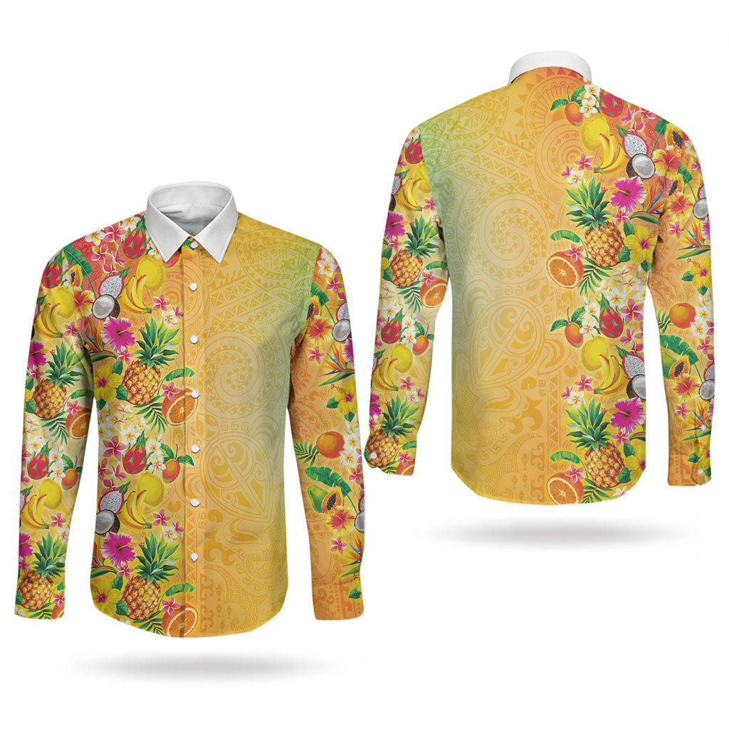 Hawaiian Tropical Fruits and Plants Couples Matching Short Sleeve Bodycon Dress and Long Sleeve Button Shirt Kakau Pattern Summer Vibe