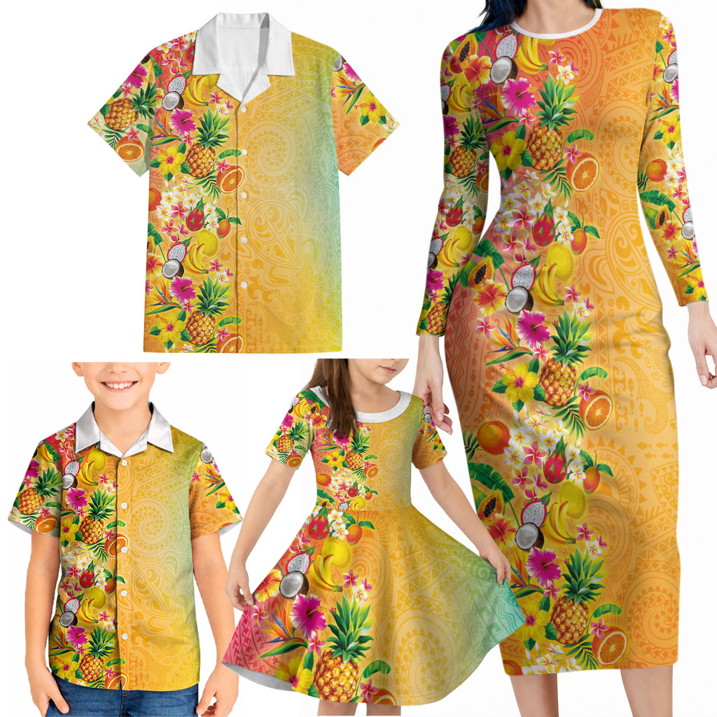 Hawaiian Tropical Fruits and Plants Family Matching Long Sleeve Bodycon Dress and Hawaiian Shirt Kakau Pattern Summer Vibe LT03 - Polynesian Pride